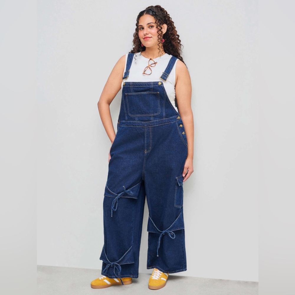 NWT CIDER 4x DENIM SOLID BOWKNOT BUCKLE POCKET WIDE LEG JUMPSUIT